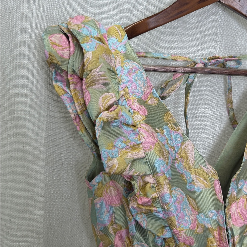 Buddy Love Jacquard Floral Ruffle Tiered  Dress in Sage Green and Pastel Pink - Picture 3 of 15
